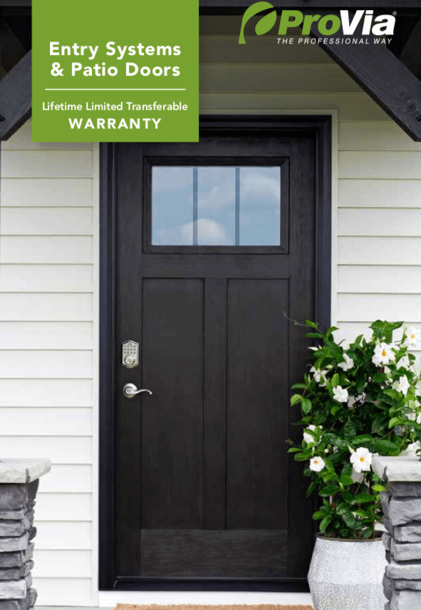 A black door with a window and a plant in front of it.